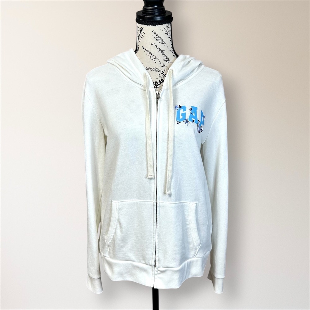 Vintage GAP Floral Embroidered Logo Full Zip Hoodie M White Blue Sweatshirt Y2K